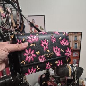 Kate Spade Black Crossbody Flowrish Bag with Pink Floral Design